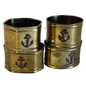 Brass & Copper Napkin Rings w/ Anchor Set of 4 French Sailor Nautical 1960s VTG